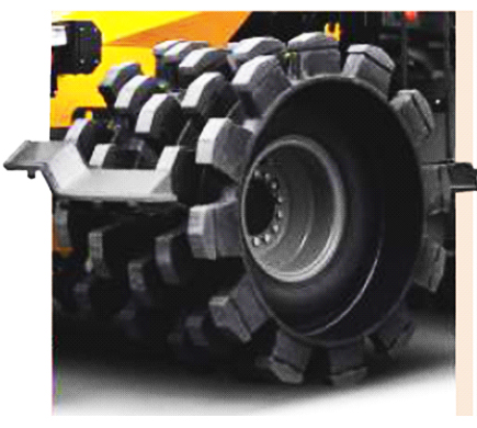 Cilindro montado sobre um par de pneus para absorver choques e trepidações, auxilia na alta velocidade de compactação e na grande capacidade de produção.